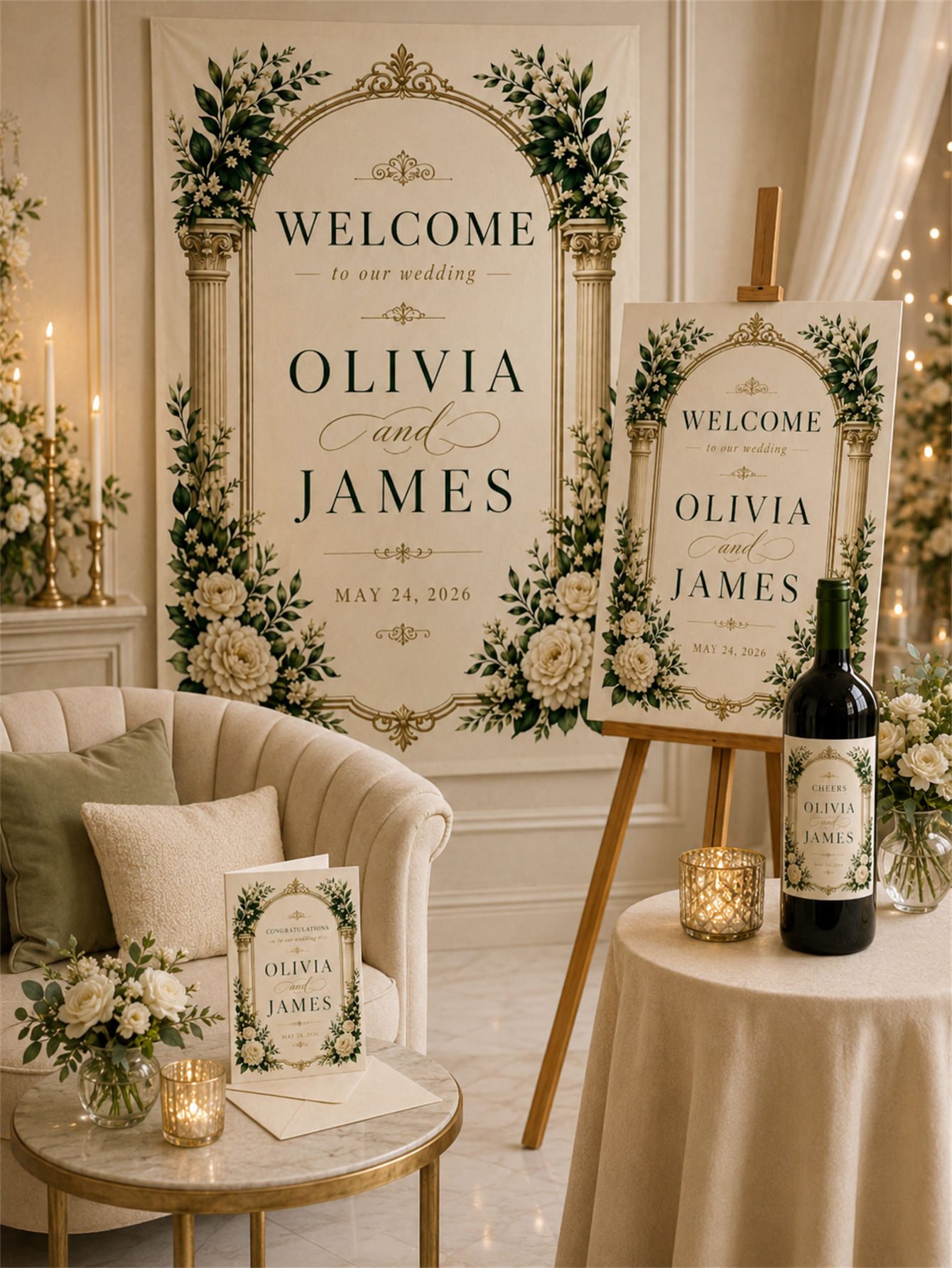 Luxurious ivory and gold wedding decorations - floral arch designs with white roses and classical column elements - custom names and dates